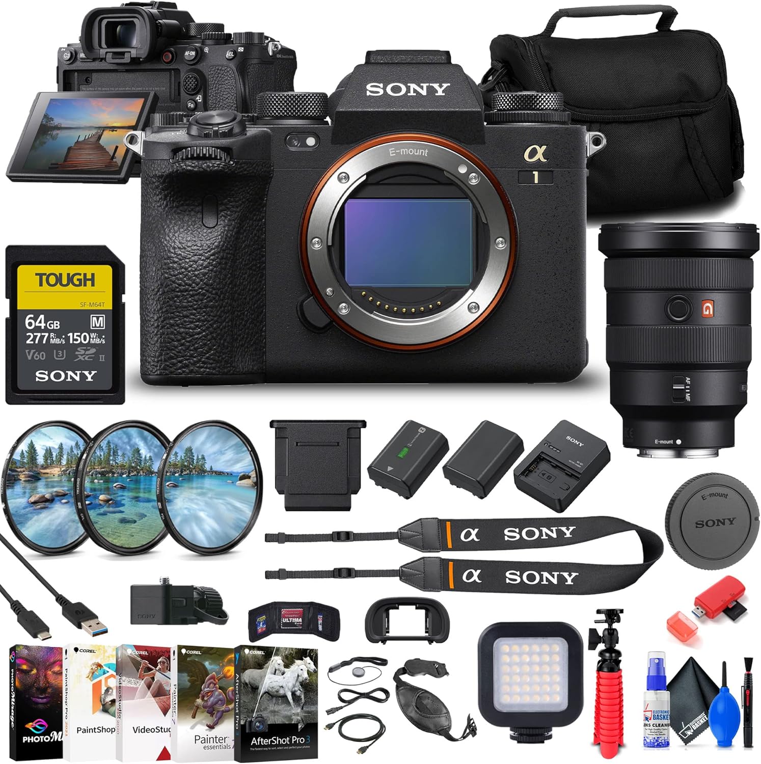 Sony a1 Mirrorless Camera (ILCE-1/B) + Sony FE 16-35mm Lens (SEL1635GM) + 64GB Card + Filter Kit + Bag + NP-FZ100 Compatible Battery + LED Light + Corel Photo Software + Flex Tripod + More (Renewed)