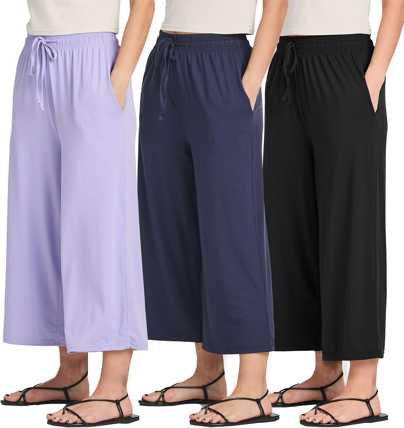 Real Essentials 3 Pack: Women’s Ultra-Soft Wide Leg Loose Capri Open Bottom Pants – Yoga Lounge Pockets(Available in Plus)