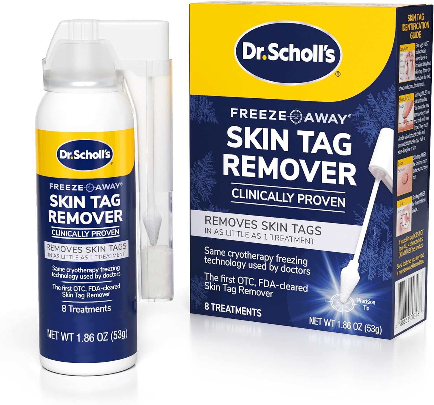 Dr. Scholl’s Freeze Away Skin Tag Remover – The First FDA Cleared, at Home Skin tag Removal kit. Clinically Proven Skin tag Removal in as Little as 1 Treatment. 1 Skin tag Removal kit, 8 Treatments.