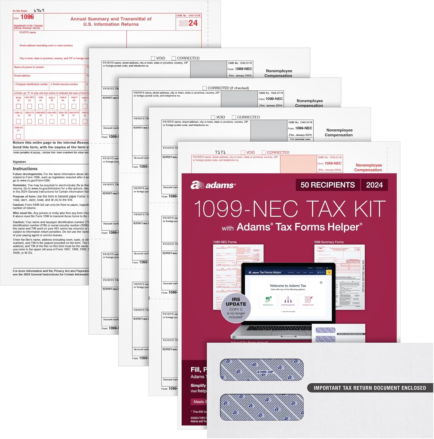 Adams 2024 1099 NEC Tax Forms Kit for 50 Recipients, 4-Part 1099 Forms, 6 1096 Forms, Self Seal Envelopes, Access to Adams Tax Forms Helper (1009318)