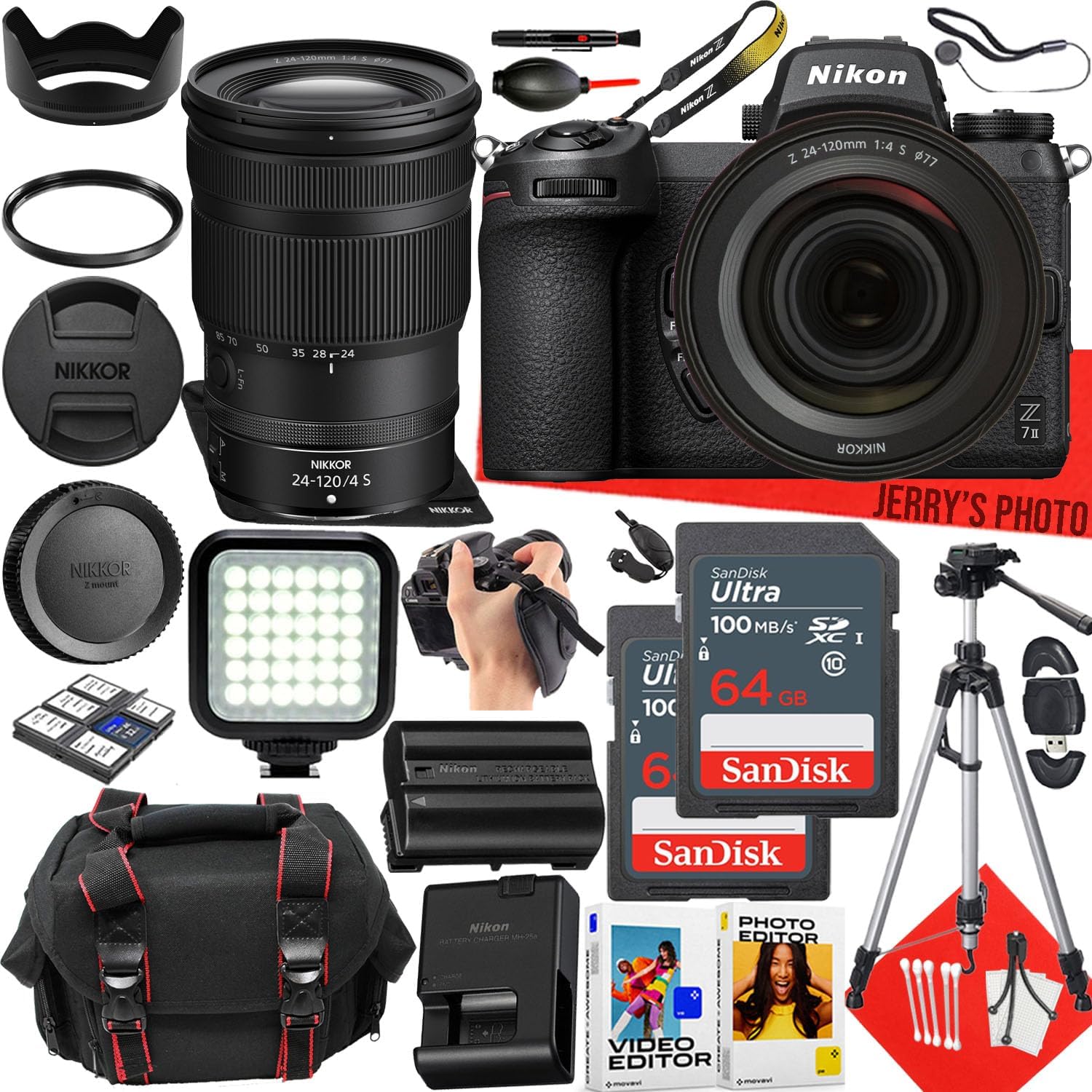 Nikon Z7II Mirrorless Camera with Nikon NIKKOR Z 24-120mm f/4 S Lens + 2pc 64 GB Memory + LED Light + Camera Case + Tripod + More (29pc Bundle) (Renewed)