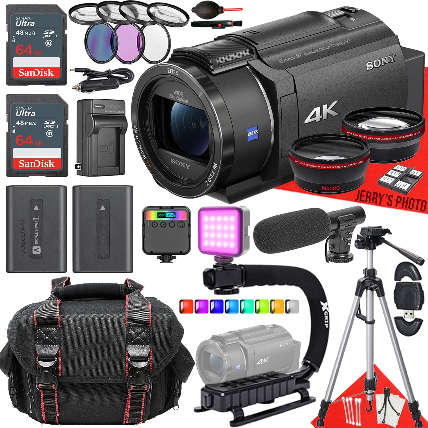 Sony FDR-AX43 UHD 4K Handycam Camcorder + RGB LED Video Light + 2PC 64 GB Memory + Extra Battery + Filters + Shotgun Video Microphone + U-Grip Handle + More (29pc Bundle)