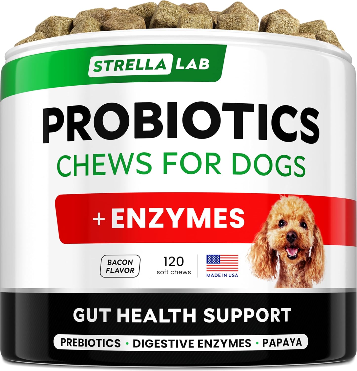 StrellaLab Dog Probiotics Treats for Picky Eaters – Digestive Enzymes + Prebiotics – Chewable Fiber Supplement – Allergy, Diarrhea, Gas, Constipation, Upset Stomach Relief – Improve Digestion&Immunity