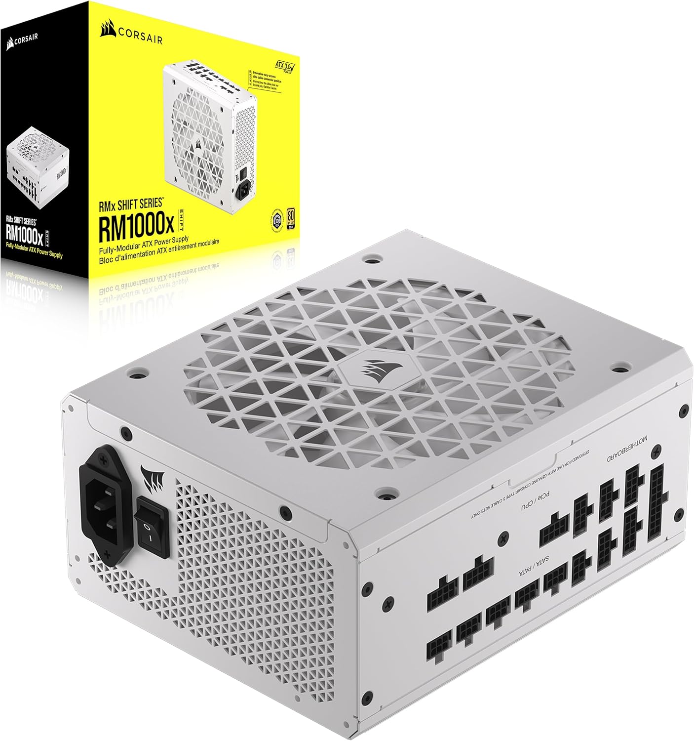 CORSAIR RM1000x Shift Fully Modular ATX Power Supply – 80 Plus Gold – ATX 3.0 – PCIe 5.0 – Zero RPM – Modular Side Interface – White