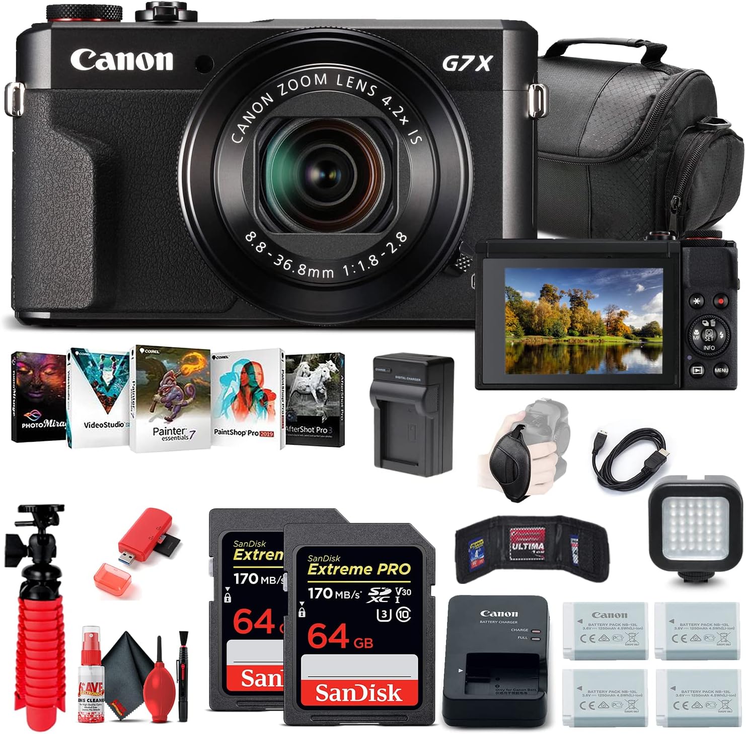 Canon PowerShot G7 X Mark II Digital Camera (1066C001), 2 x 64GB Cards, 3 x Replacement NB13L Batteries, Corel Photo Software, Charger, Card Reader, LED Light, Soft Bag + More (Renewed)