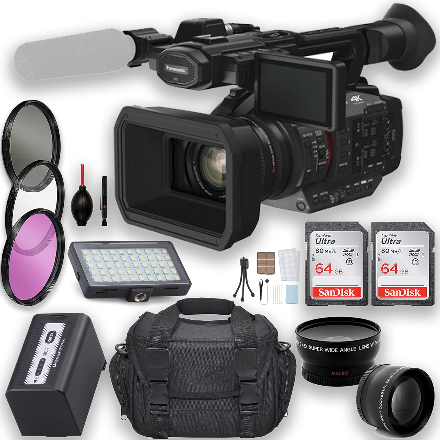 Panasonic HC-X20 4K Mobile Camcorder with Rich Connectivity + LED Light + 64GB Memory Card + Filter Kit + Telephoto Lens + Wide Angle Lens + Cleaning Kit + Case & More, Black