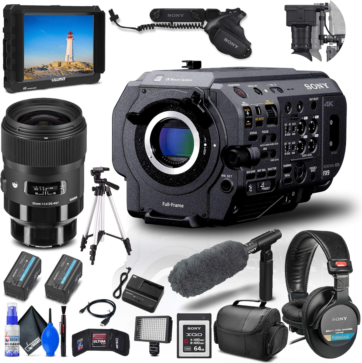 Sony PXW-FX9 XDCAM 6K Full-Frame Camera System (Body Only) + 4K Monitor + Sigma 35mm Lens (340965) + Pro Headphones + Sony 64GB XQD Card + Pro Mic + BP-U35 Battery + Pro Tripod + More (Renewed)