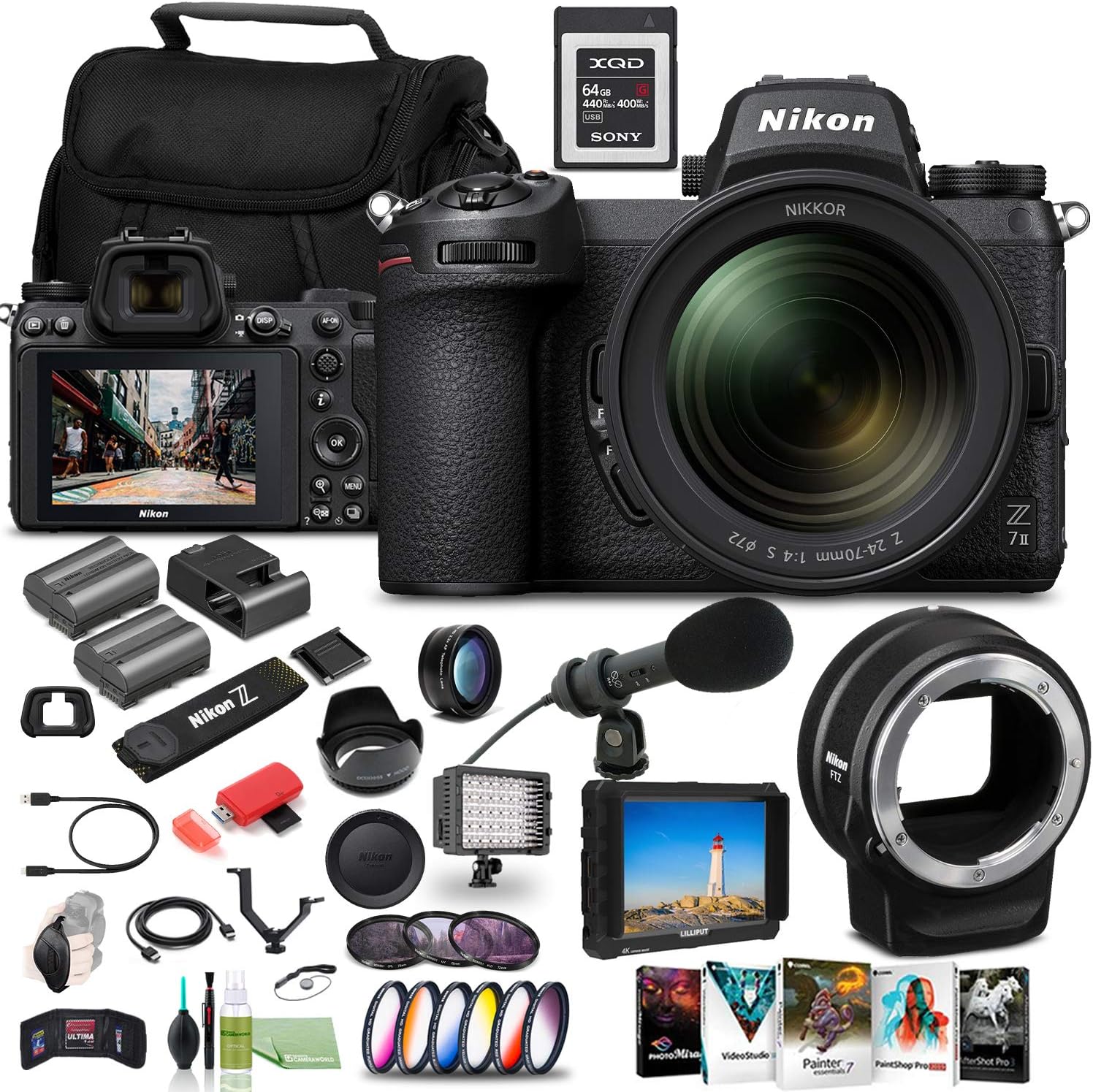 Nikon Z 7II Mirrorless Digital Camera with 24-70mm f/4 Lens (1656) + FTZ Mount + 4K Monitor + 64GB XQD Card + Pro Mic + EN-EL15c Battery + Corel Software + Case + 3 Piece Filter Kit + More (Renewed)