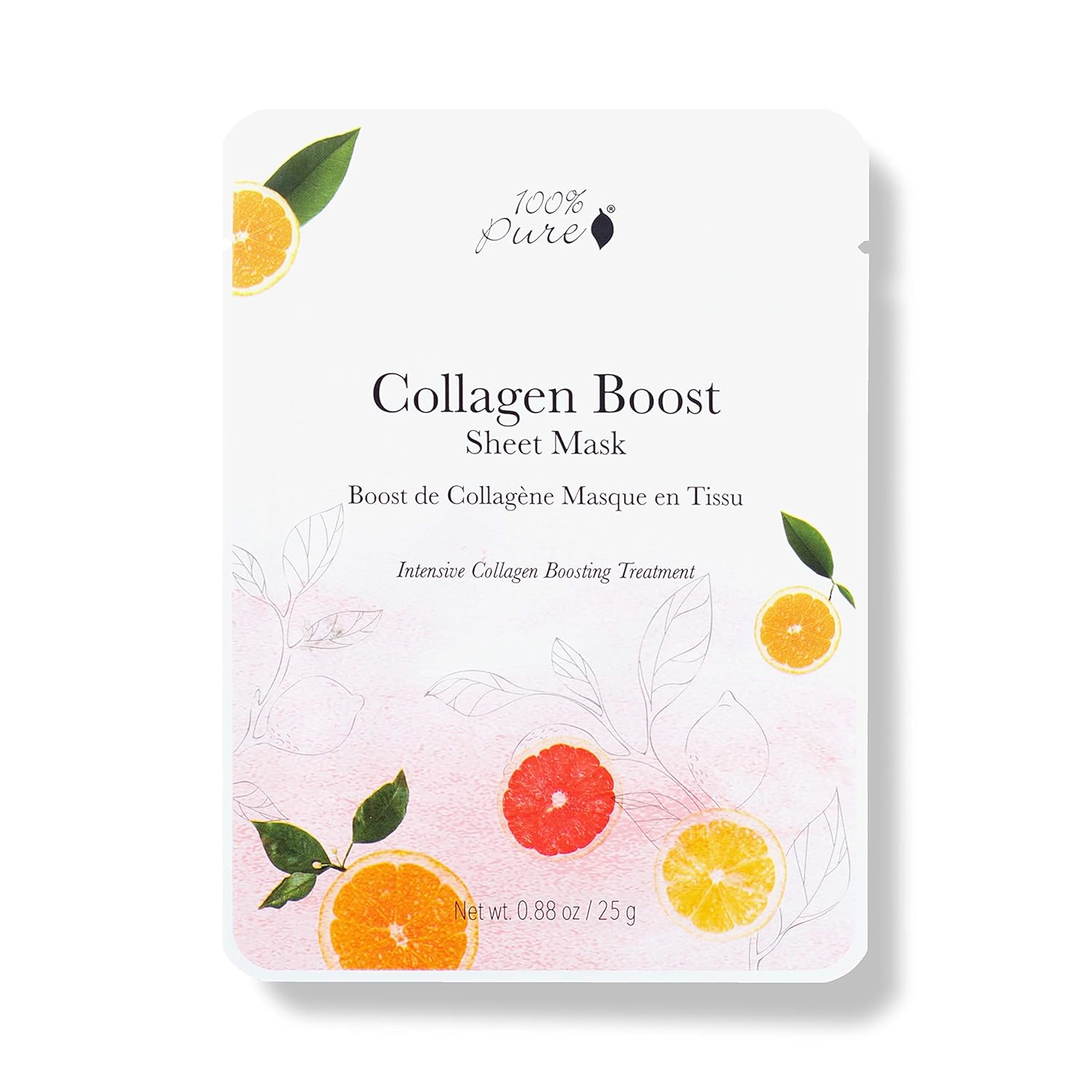 100% PURE Collagen Boost Sheet Mask (1 PC), Collagen Face Mask with Vitamin C, Hyaluronic Acid, Anti-Wrinkle Skin Care, Hydrating, Soothing, Sustainably Made – Single Mask