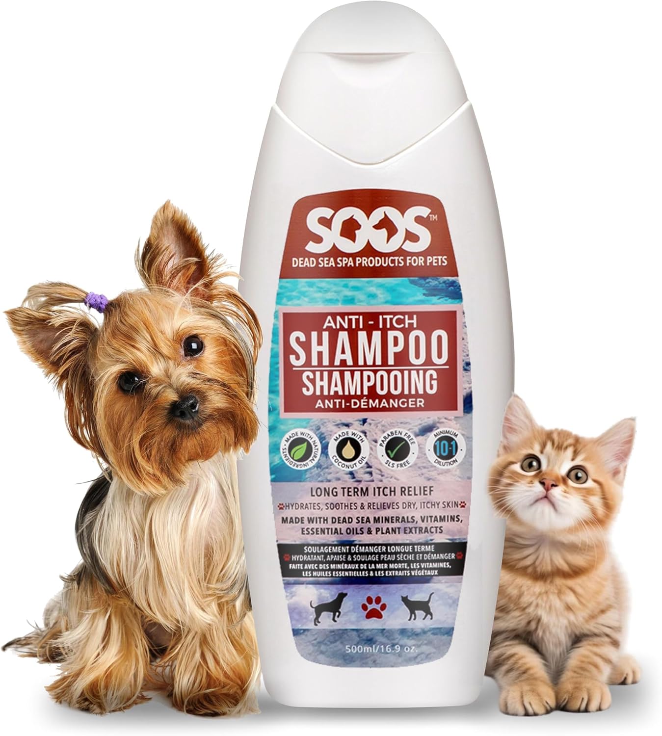 Soos Pet Dog Shampoo for Cats and Pets Anti-Itch Dead Sea Minerals Fast Absorbing Clean Fur with Vitamins Essential Oils Natural Ingredients Antiba-cterial and Antif-ungal – 1x Pet Shampoo (500ml)