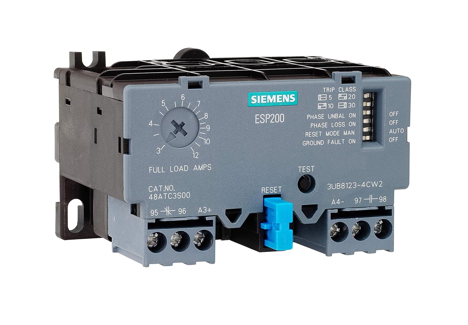 Siemens 3UB81234EW2 Solid State Overload Relay, ESP200 Catalog No. 48ATE3S00, 10 to 40A, Frame Size A1, 3-Phase, Class 5/10/20/30 Adjustable, Manual/Automatic Reset