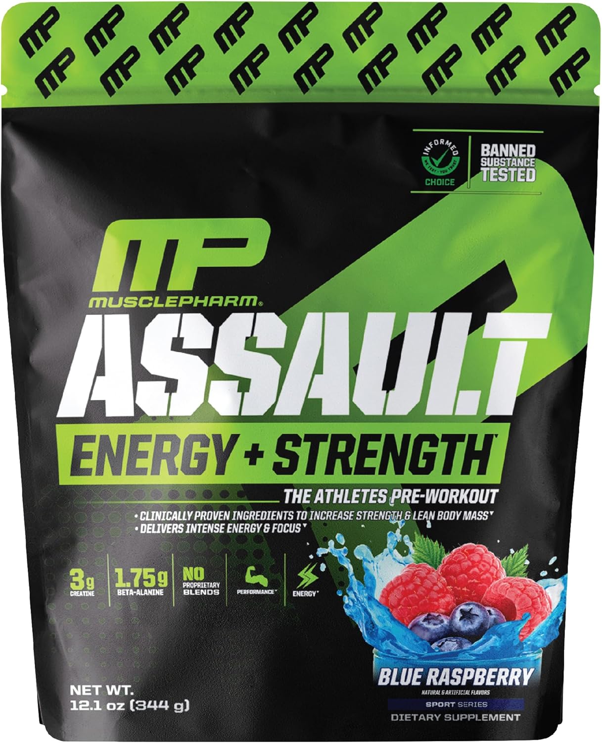 Muscle Pharm Assault Energy & Strength Pre Workout Powder for Men & Women with Beta Alanine, Caffeine, Creatine & Betaine Anhydrous, Pre-Workout Supplements, 30 Servings, Blue Raspberry Flavor