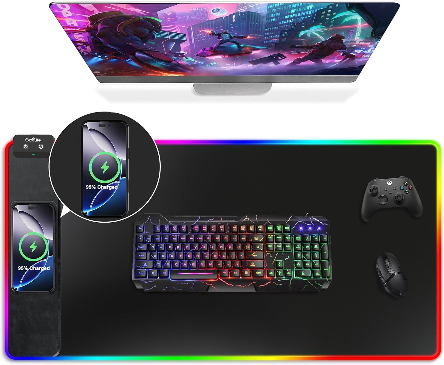 Mouse Pad with Wireless Charging, RGB Gaming Mousepad, Large Desk Mat with Ultra-Smooth Surface, Non-Slip Mouse Mat, Waterproof Computer Keyboard Pad for Gaming, Desk, Office, PC, 800x400x4MM, Black