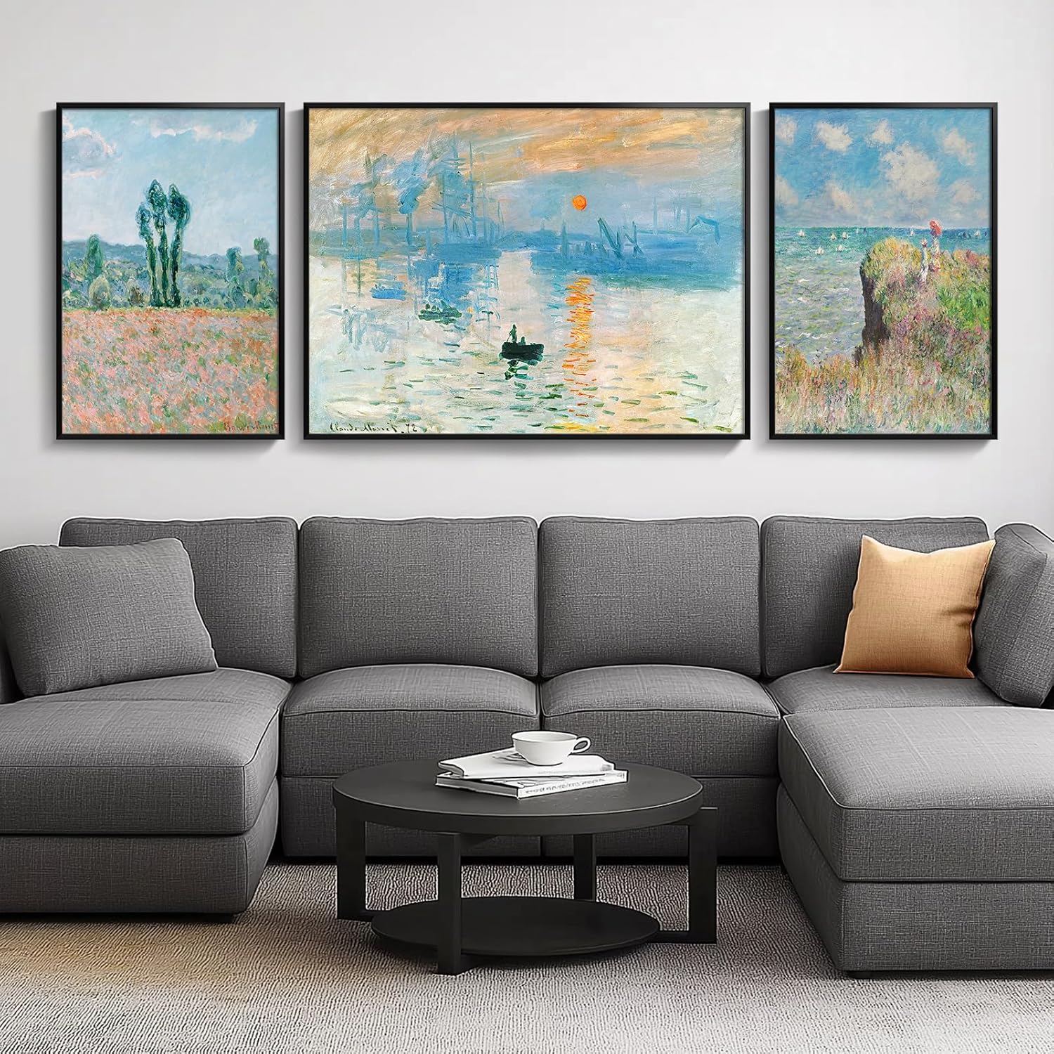 Framed Monet Famous Paintings Abstract Canvas Wall Art for Living Room, Set of 3 Piece Impression Sunrise Extra Large Artwork for Walls, Big Size Mid Century Modern Pictures Prints for Hallway Office Wall Decor