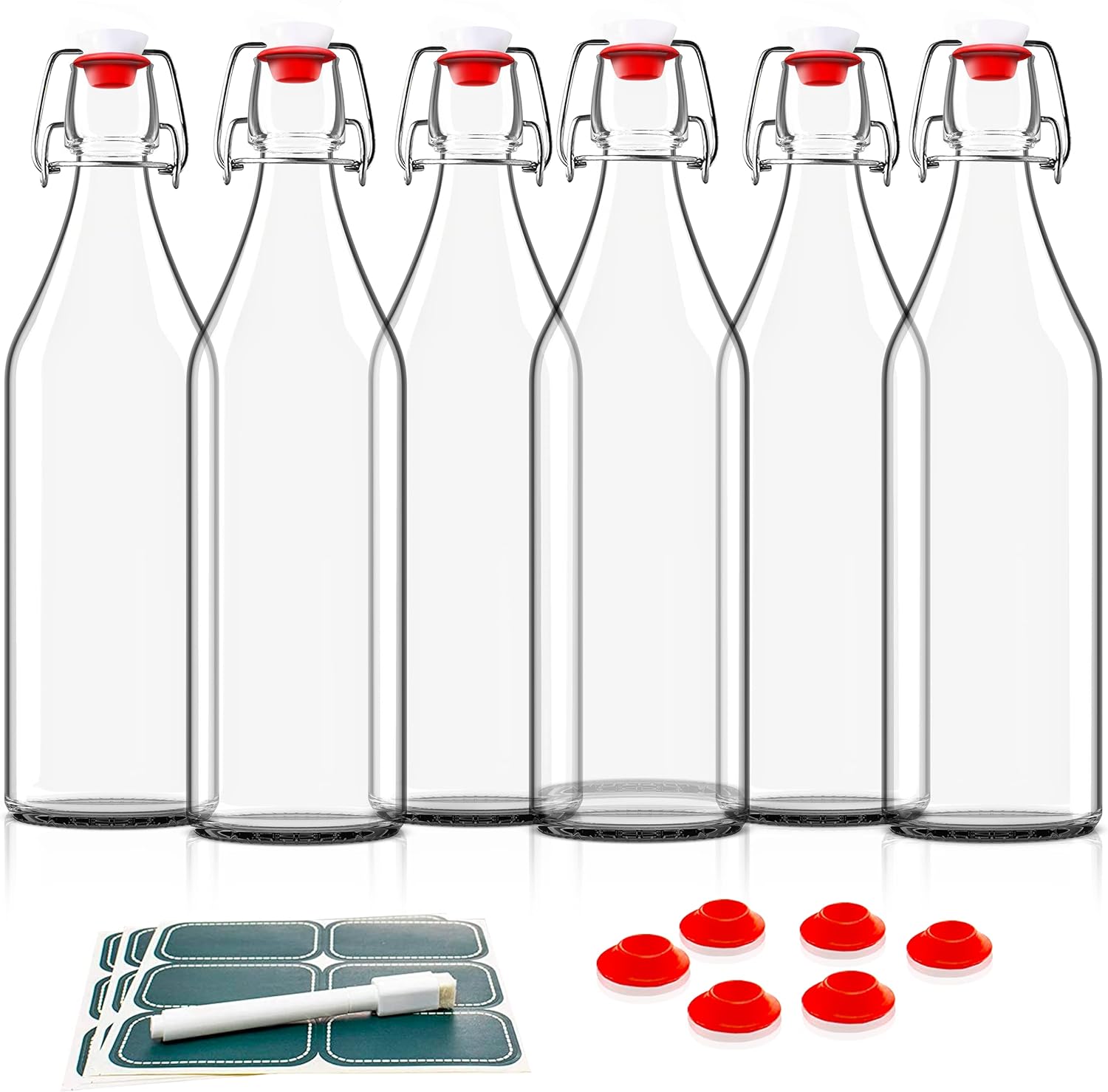 Otis Classic Swing Top Glass Bottles – Set of 6, 16oz w/Marker & Labels – Clear Bottle with Caps for Juice, Water, Kombucha, Wine, Beer Brewing, Kefir Milk or Eggnog