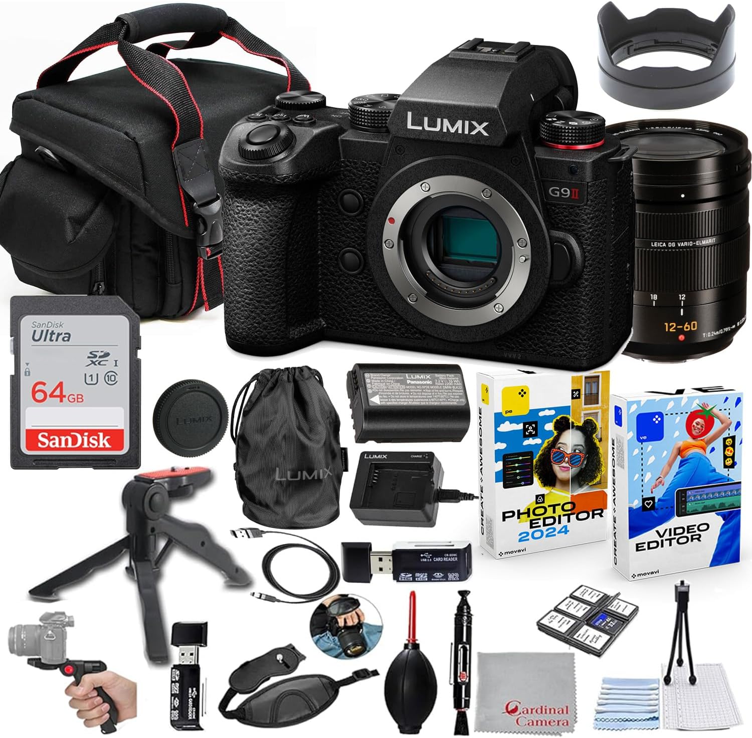 Panasonic Lumix G9 II Mirrorless Camera with 12-60mm Lens Bundle + Accessory Kit with 64GB Ultra Memory, Hand Grip Tripod, Carry Case, Editing Software Package & More (27 Items)