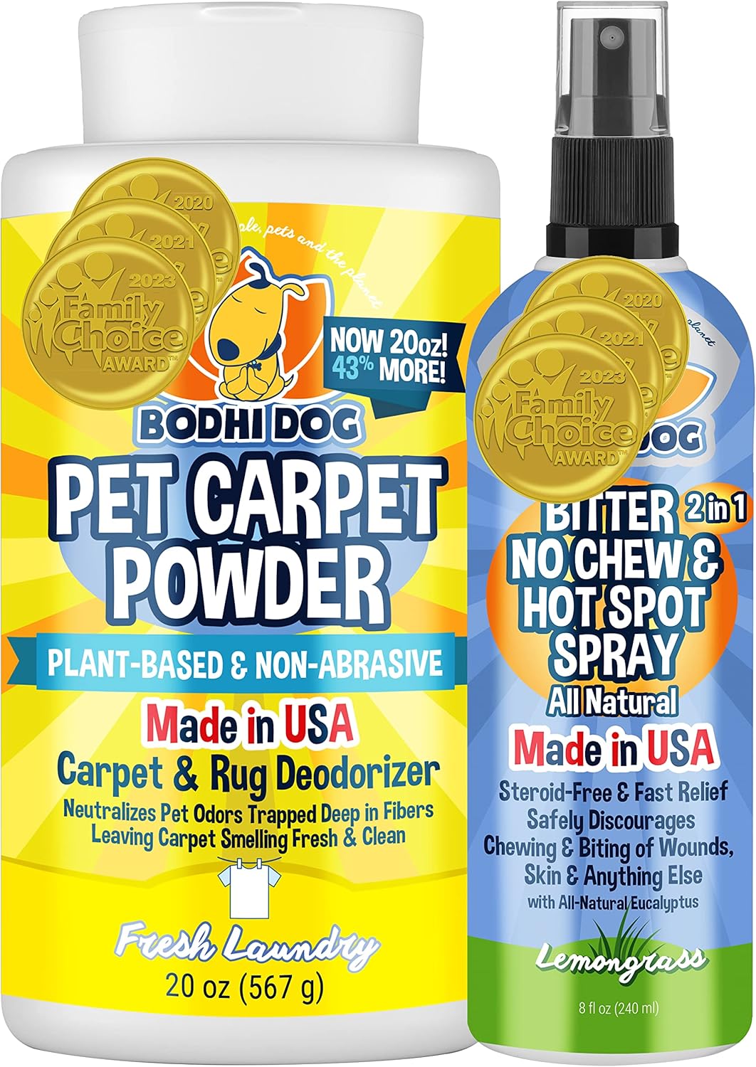 Bodhi Dog Pet Carpet Powder – Fresh Linen 20oz + Bitter 2-in-1 No Chew and Hot Spot Spray. 8oz