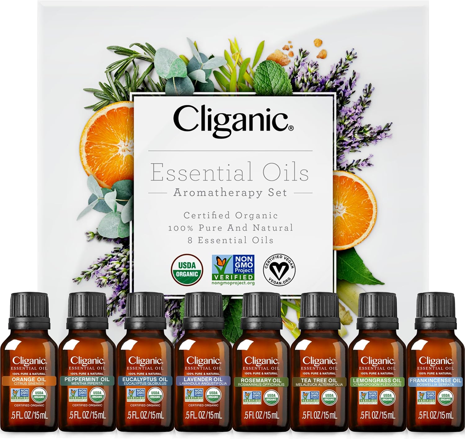 Cliganic Organic Aromatherapy Essential Oils Gift Set (Top 8), 100% Pure – Peppermint, Lavender, Eucalyptus, Tea Tree, Lemongrass, Rosemary, Frankincense & Orange