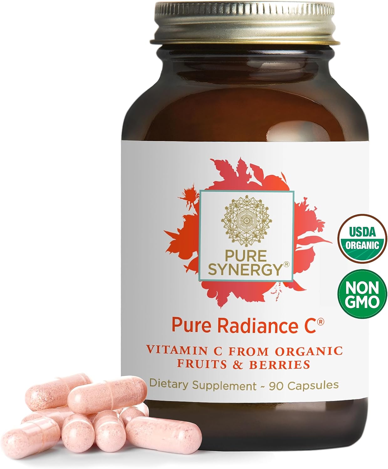 PURE SYNERGY Pure Radiance C | Organic Vitamin C Capsules | 100% Natural, Whole Food, Non-GMO Supplement with Camu Camu Extract | for Immune and Collagen Support (90 Capsules)