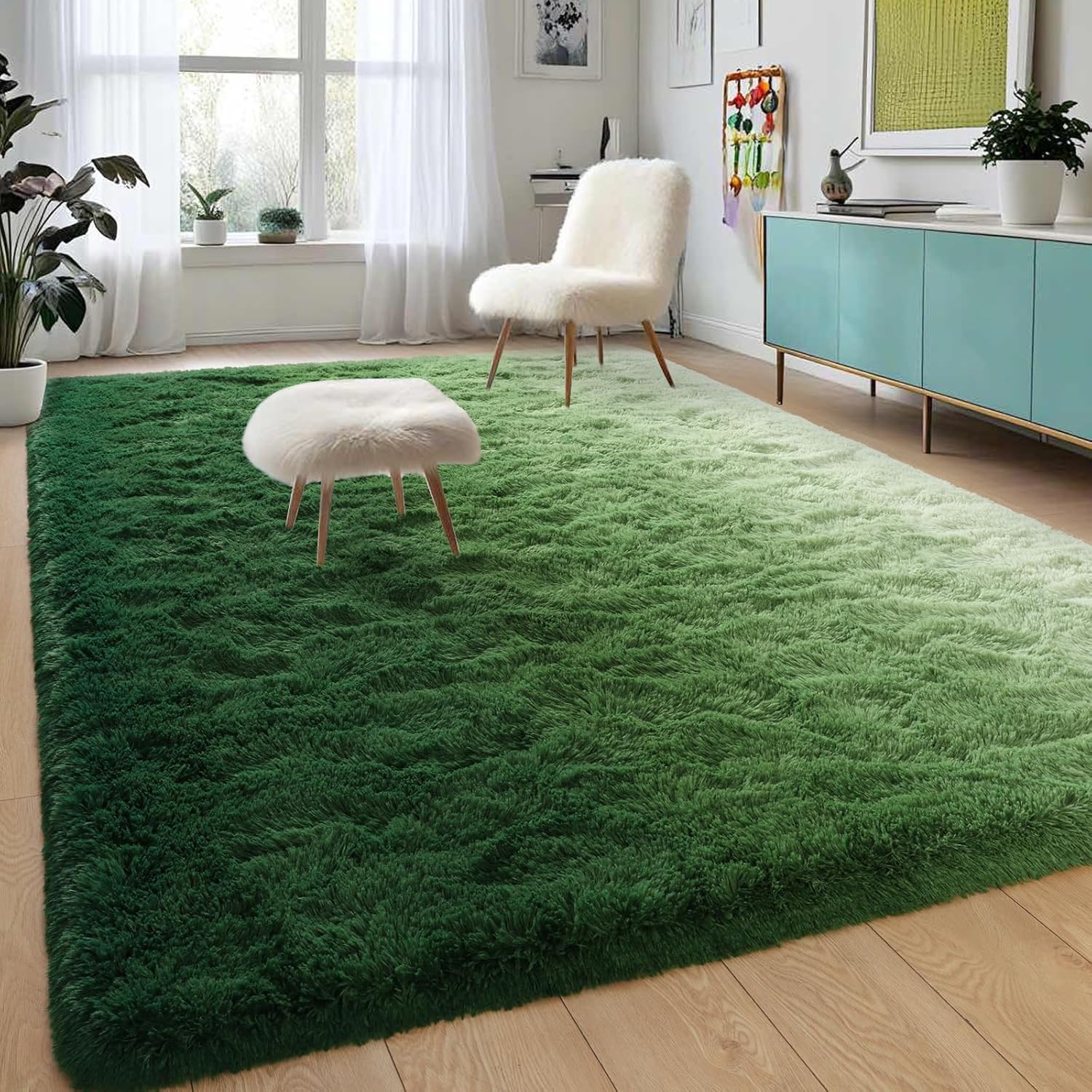 DweIke Extra Large Fluffy Area Rug, 6×9 Ft Dark Green Rug Modern Indoor Living Room Bedroom Home Gradient Colorful Rugs, Shaggy Plush Faux Fur Carpets for Girls Kids Playroom Nursery Decor