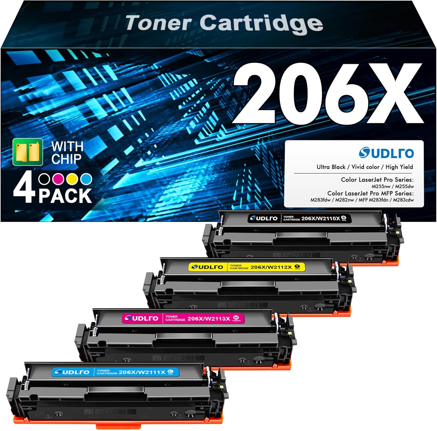 206X Toner Cartridges 4 Pack Replacement for HP 206X Toner Cartridges 4 Pack High Yield HP 206A Toner Cartridges 4 Pack Compatible with HP Color Laserjet Pro MFP M283fdw M283cdw M255dw M283 M255