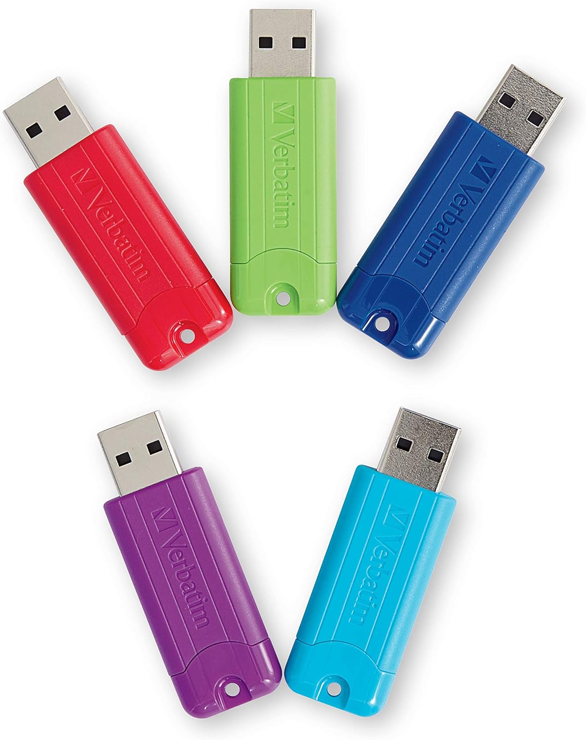 Verbatim 32GB Pinstripe USB 3.2 Gen 1 Flash Drive Retractable Thumb Drive – 5 Pack – Multicolor (Green, Blue, Red, Purple, Cyan)