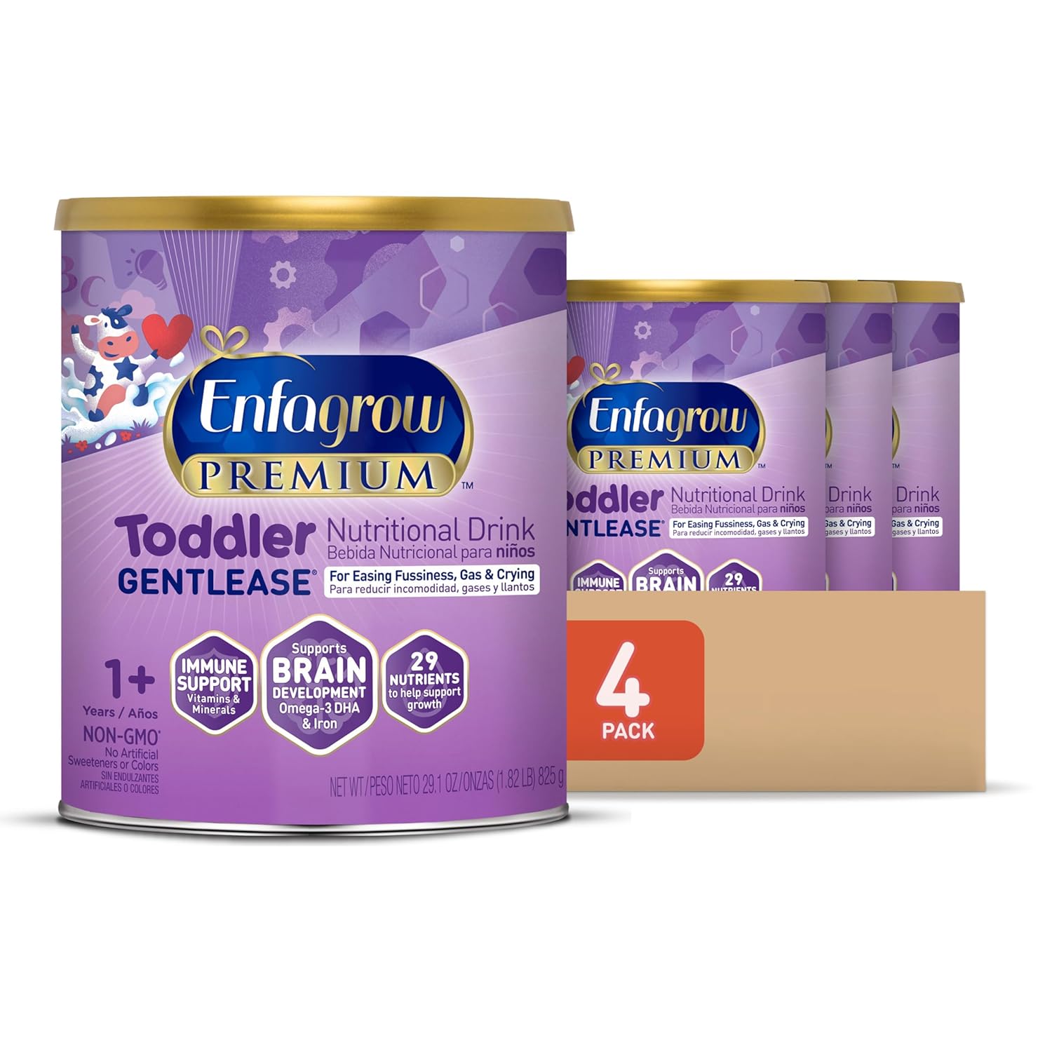 Enfagrow PREMIUM Gentlease Toddler Nutritional Drink, Made with Real Milk, Designed to Ease Fussiness, Gas & Crying, Nutrients for Growth & Immune Support, Powder Can, 29.1 Oz (Pack of 4)