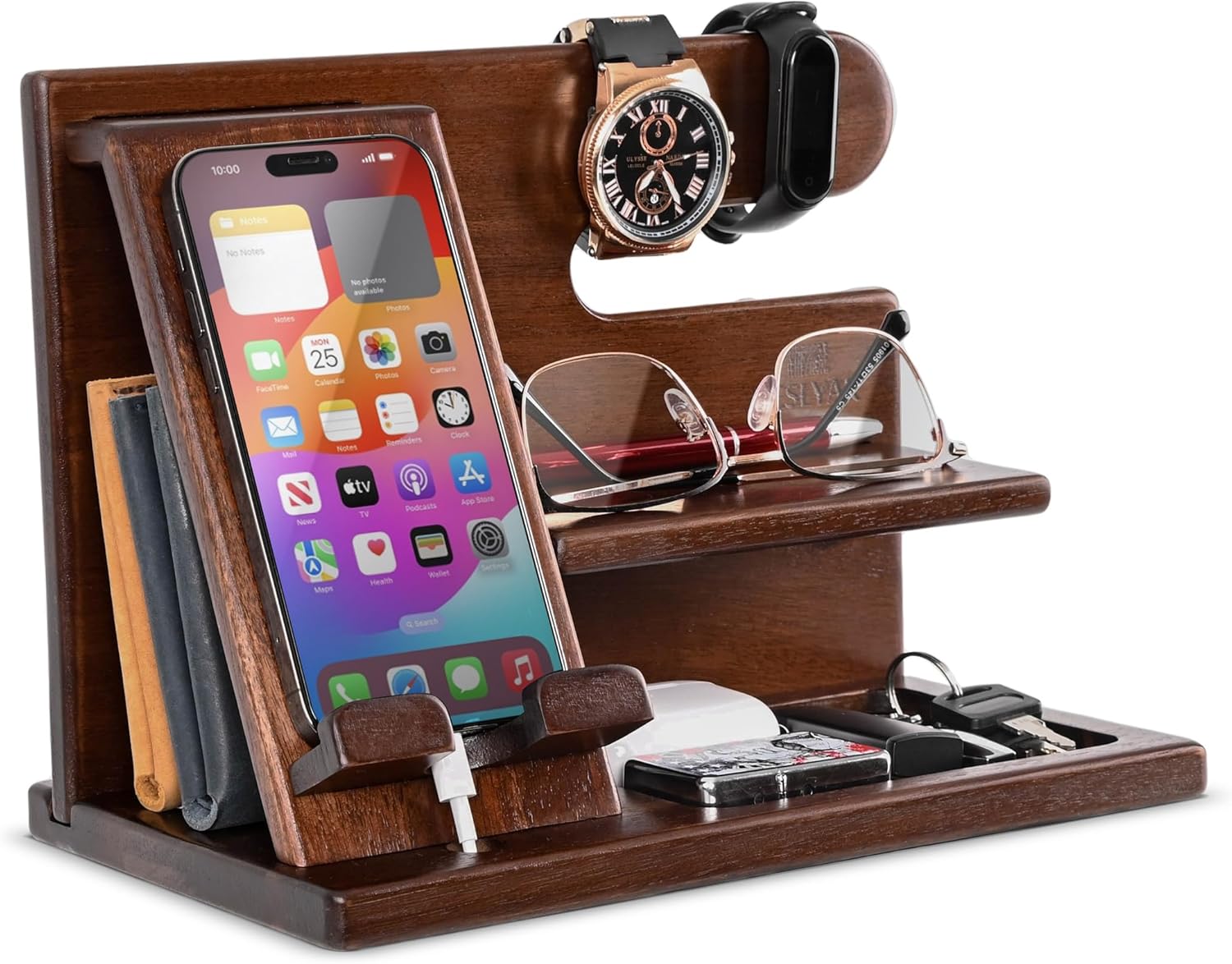 TESLYAR Wood Phone Docking Station – Nightstand Organizer – Desk Organizer for Husband – Birthday Gifts for Men, Dad – Idea for Anniversary from Wife – Key Holder – Stand Wallet & Watch (Nut Brown)