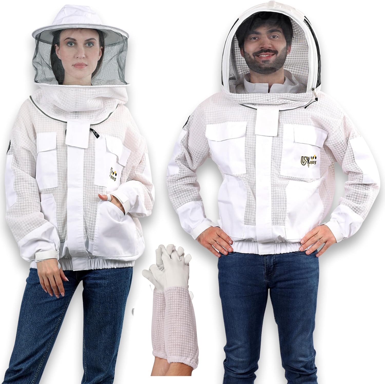 US-Keepers 3 Layer Bee Jacket, Apiarist Ultra Ventilated Beekeeping Jacket for Men & Women, Beekeeper Jacket with Gloves & two Bee Veils (White J/L)