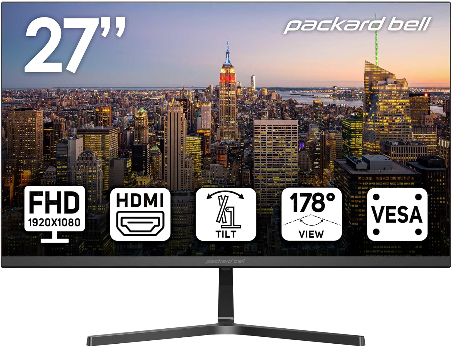 Packard Bell airFrame 27″ FHD Monitor, 1920×1080, Ultrawide, VESA Mount Compatible, Tilt Adjustment, HDMI/VGA, Slim Bezel, for Home, Office, and Light Gaming