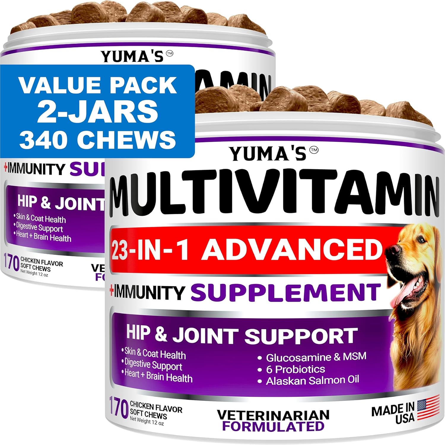 2-Pack Dog Multivitamin Chewable with Glucosamine – Dog Vitamins and Supplements – Senior & Puppy Multivitamin for Dogs – Hip & Joint Support – Immune Health, Skin, Heart, Digestion, Probiotics