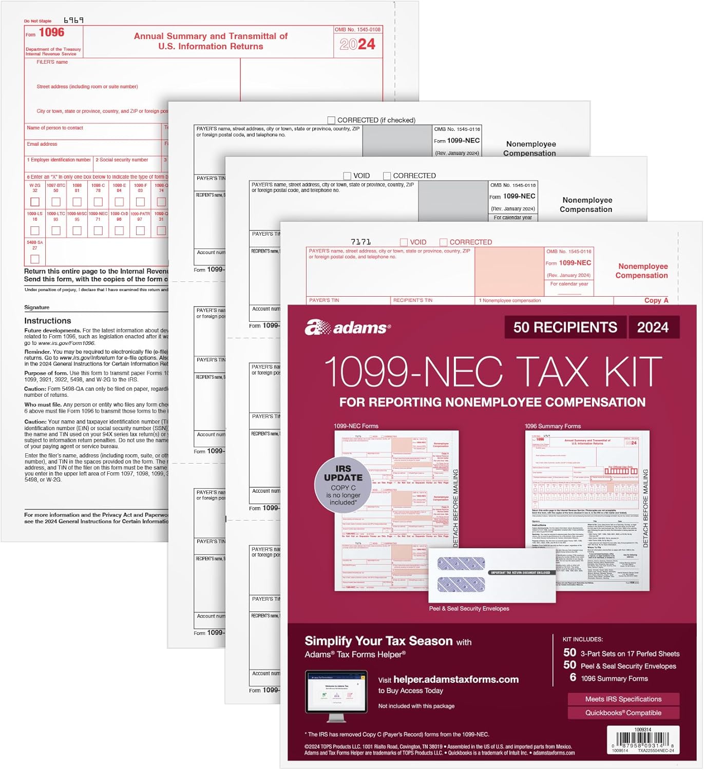 Adams 1099 NEC Forms 2024, 3 Part Laser 1099 Forms with Self Seal 1099 Envelopes, for 50 Recipients, Includes 6 1096 Tax Forms (1009314)