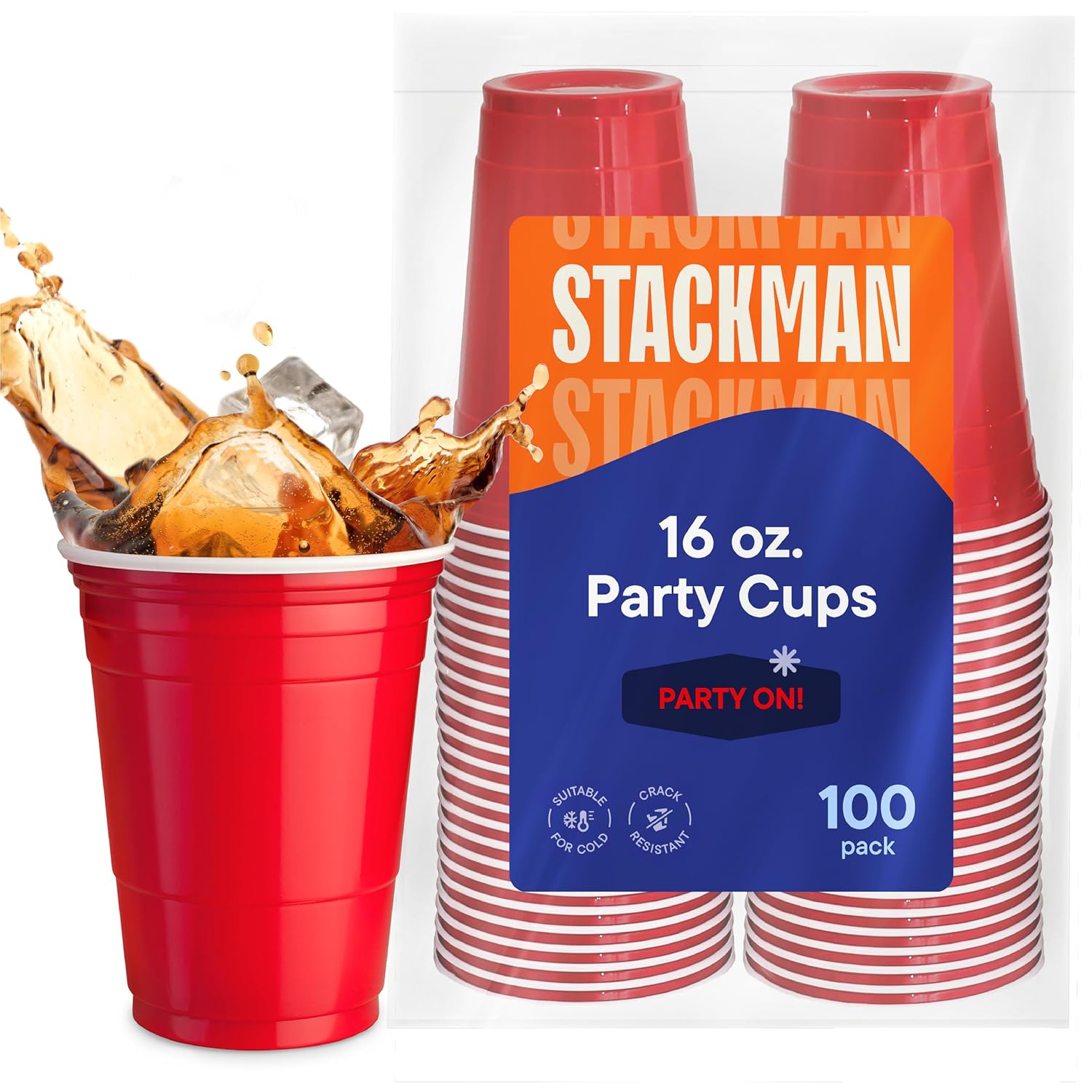 Red Cups – Party Cups – Disposable Plastic Cups [16 oz – 100 Pack] Fun & Durable Party Cups for Drinking & Playing – Bulk Case of 100 Cups, By Stack Man