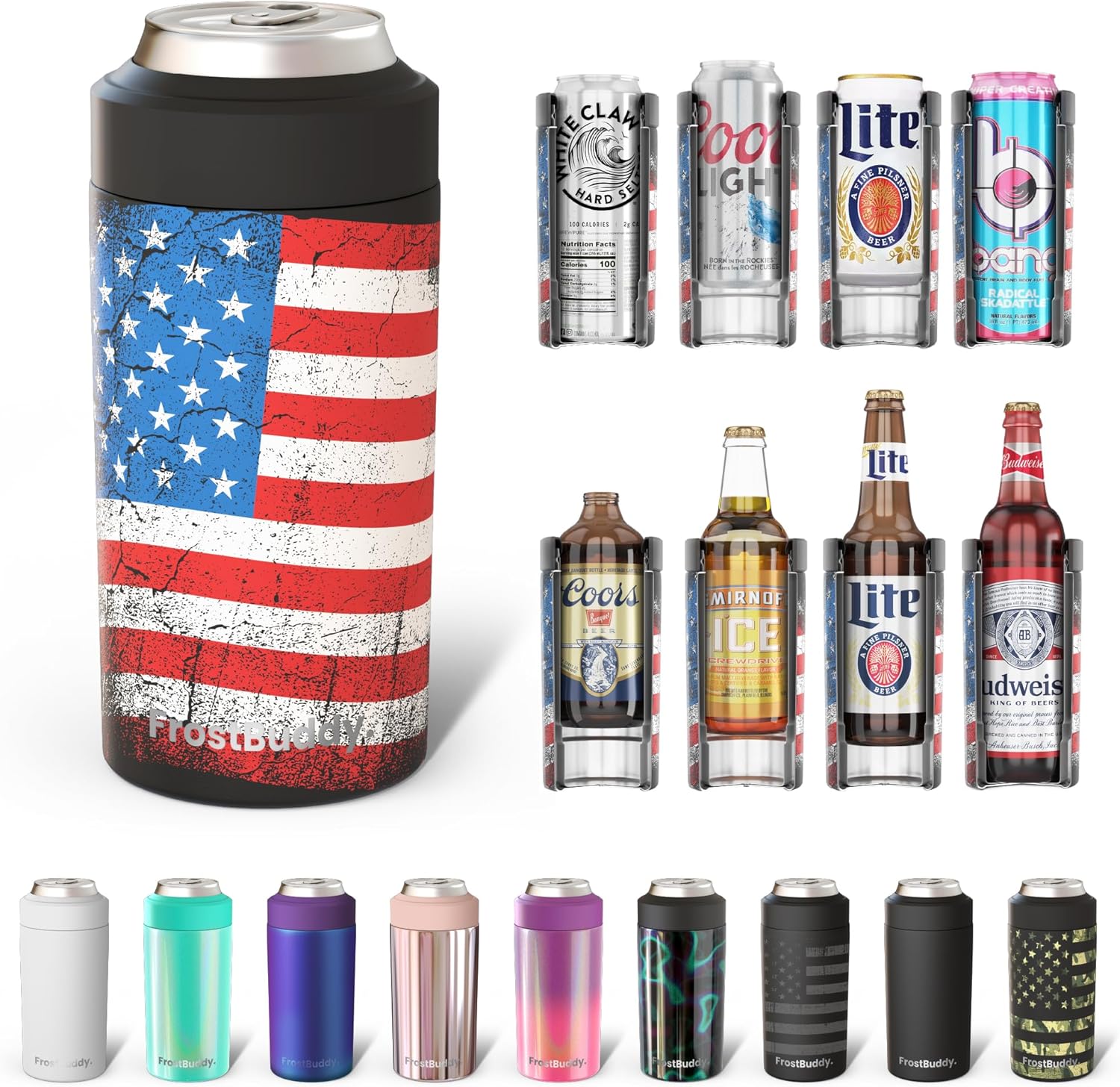 Frost Buddy Universal Can Cooler – Fits all – Stainless Steel Can Cooler for 12 oz & 16 oz Regular or Slim Cans & Bottles – Stainless Steel