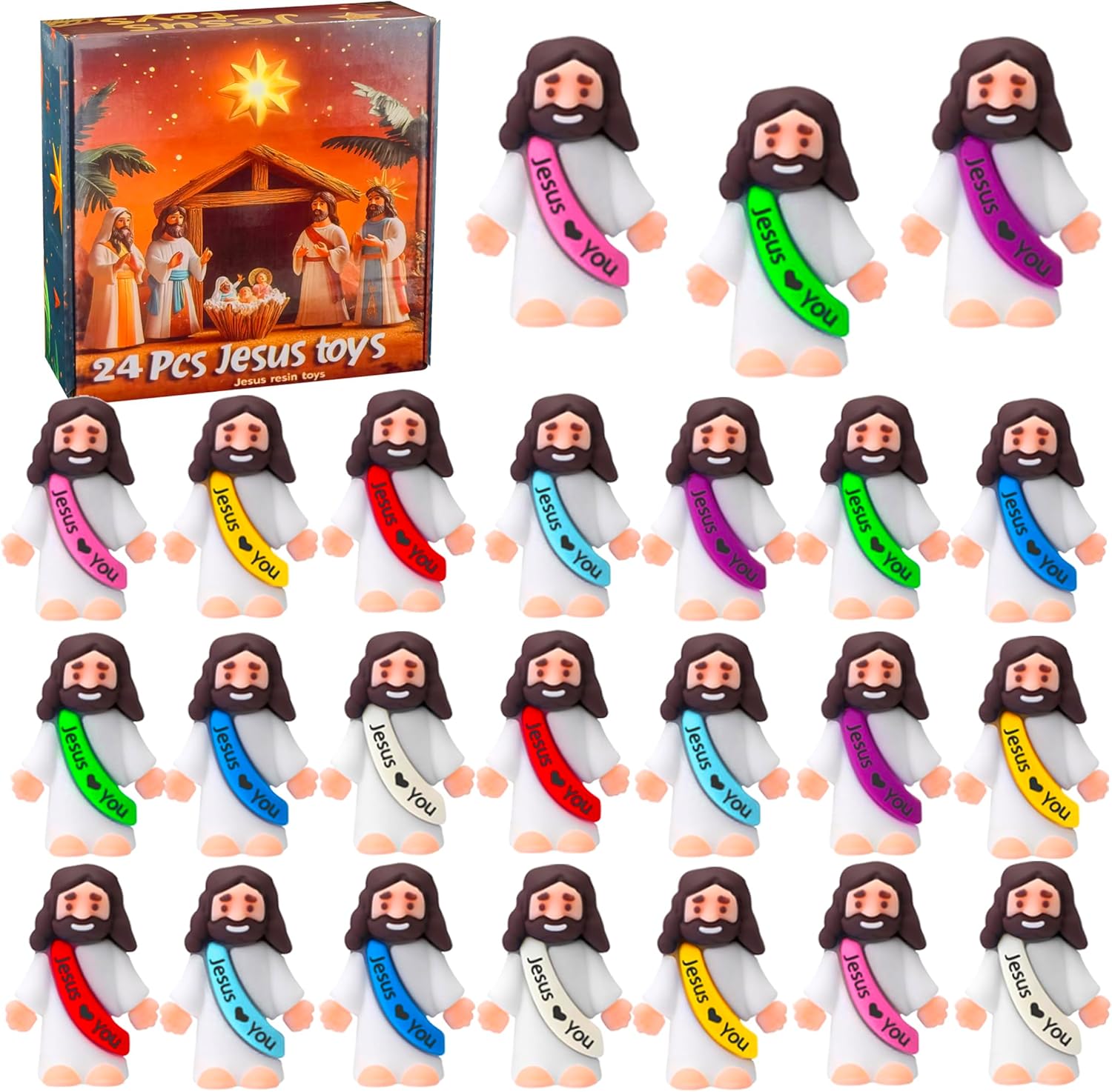 24 Pcs Jesus Toys Original Design Mini Rubber Little Jesus Figurine to Hide and Seek Religious Party Favors Sunday School Craft Baptism Gifts for Christmas Stocking Stuffers