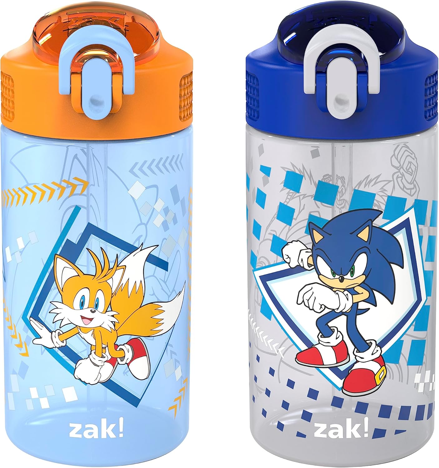 Zak Designs Sonic Kids’ 2-Pack Leak-Proof Water Bottles With Straw, Handle and Pop-Up Spout Cover