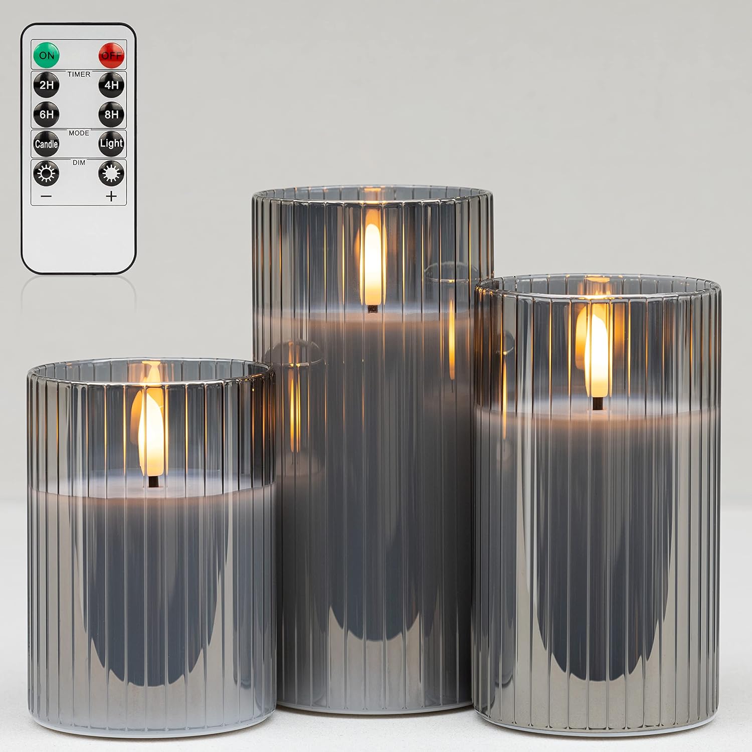 ANGELLOONG Gray Glass Battery Operated Flameless Candles with Remote, LED Flickering Pillar Candles with Timer, Fake Electric Candles for Home Bathroom Shelf Decor, Set of 3