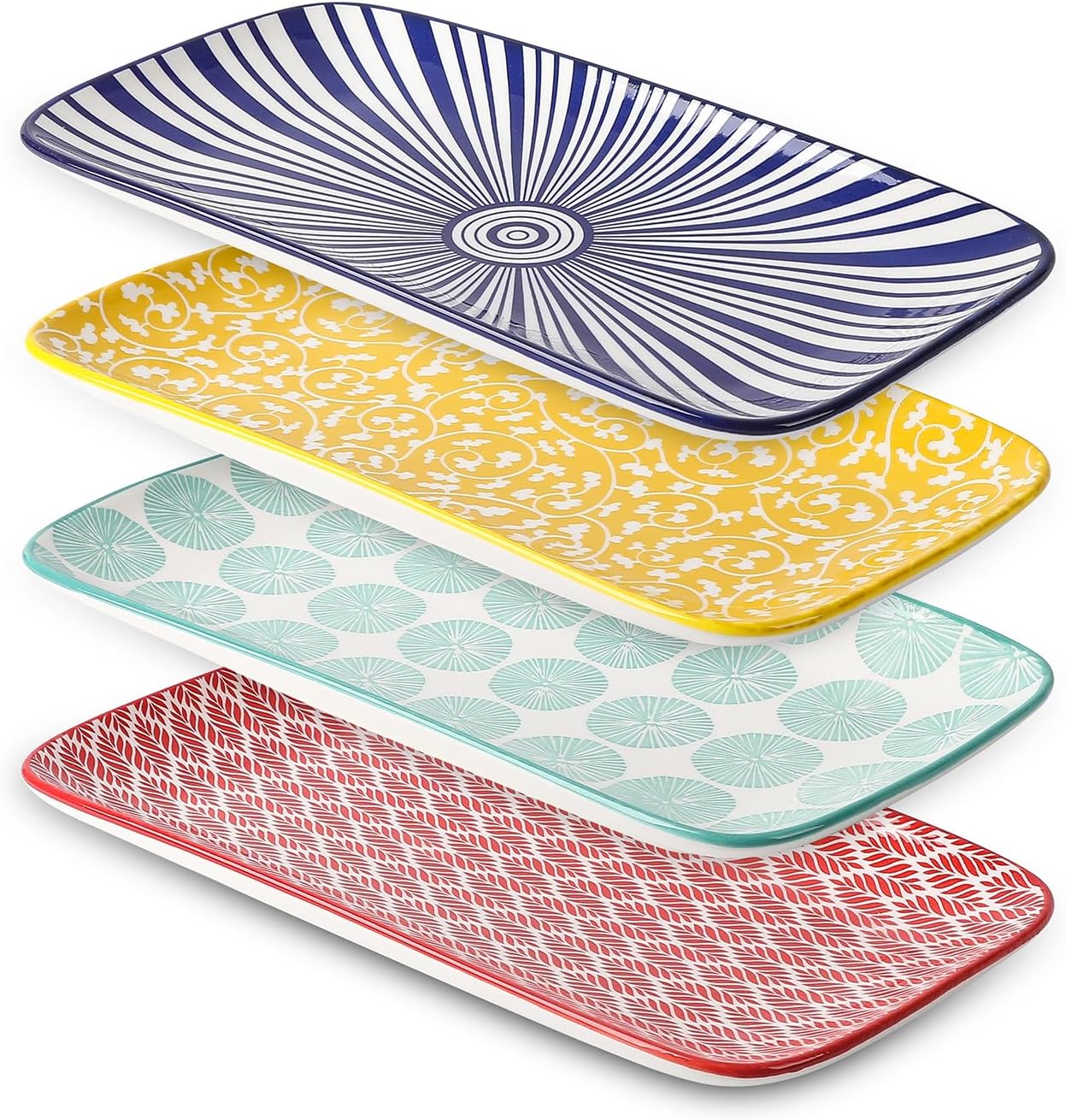 Selamica Ceramic Rectangular Serving Platters Set of 4, 12 Inch Serving Trays/Dishes for Party Entertaining, Rectangular Dinner Plates for Appetizer Salad Dessert Sushi, Assorted Colors