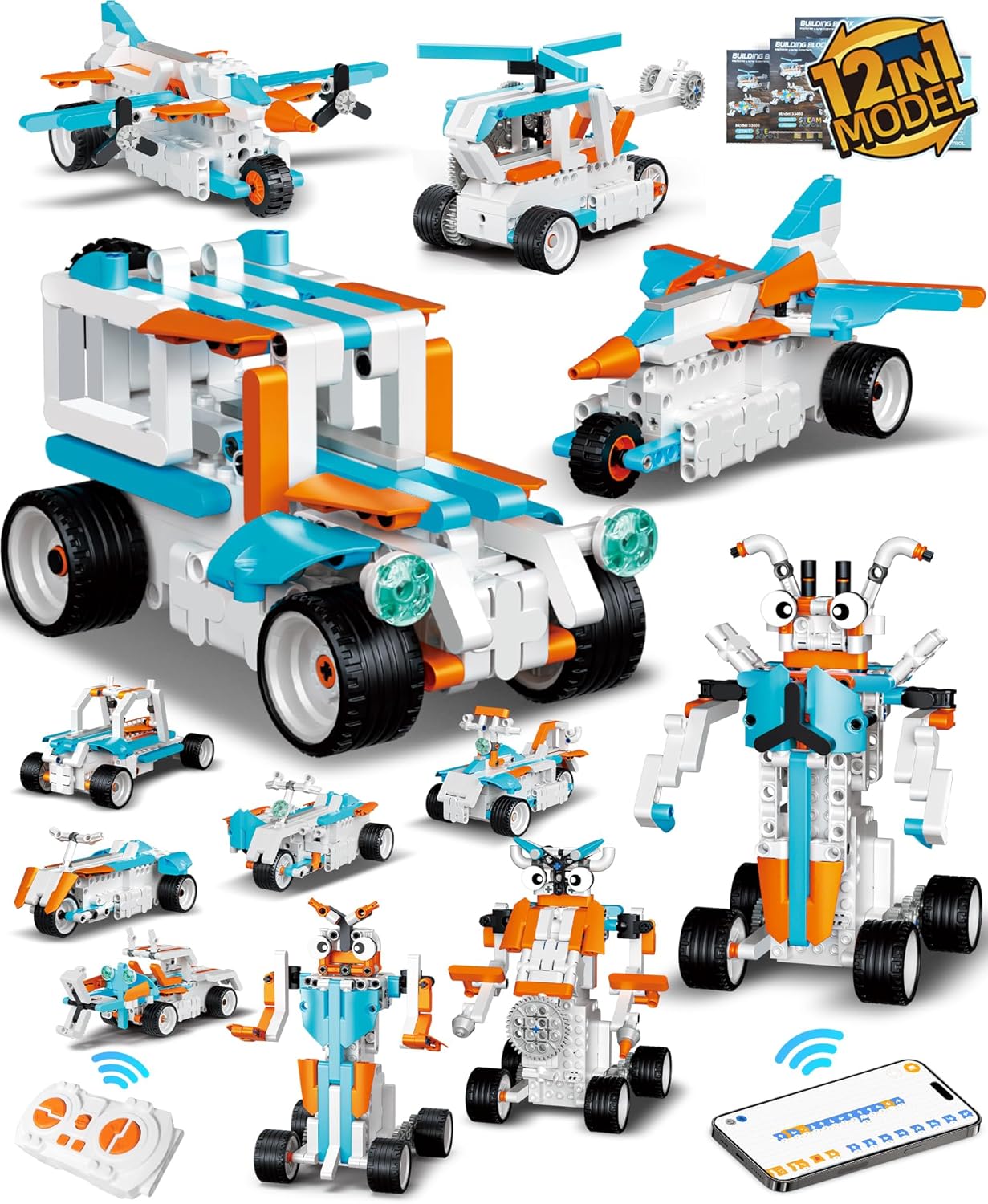 12in1 Technique Car Building Blocks Set, Remote & APP Control Robot/Car/Plane/Jeep/Motorcycle/Fighter, Stem Kits for Kids Age 8-10, Engineering Building Toys, Birthday Xmas Gifts for Boys Girls 8-12