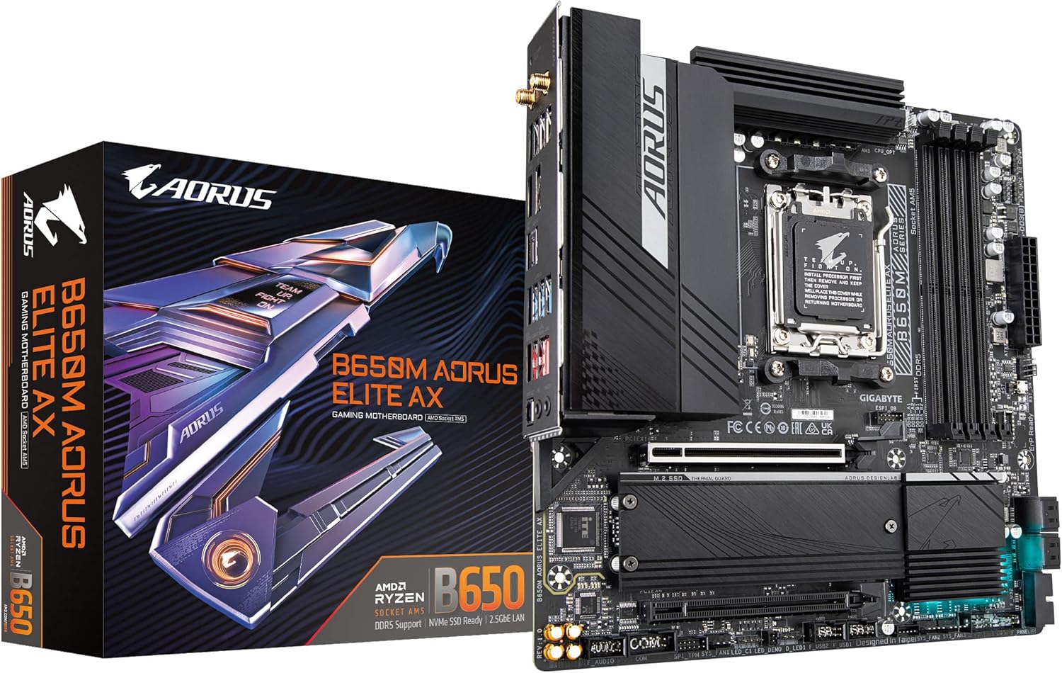 GIGABYTE B650M AORUS Elite AX (AM5/ LGA 1718/ AMD B650/ Micro-ATX/ 5-Year Warranty/ DDR5/ 2* M.2/ PCIe 5.0/ USB 3.2 Gen2X2 Type-C/Intel 2.5GbE LAN/Q-Flash Plus/EZ-Latch/Gaming Motherboard)