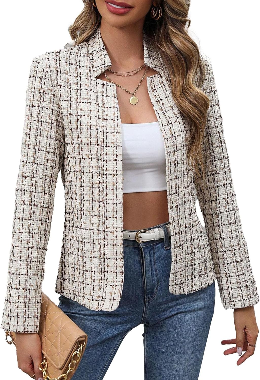 Womens’ 2024 Fall Winter Tweed Blazer Jacket Notch Collar Open Front Fully Lined Casual Fashion Elegant Work Coat