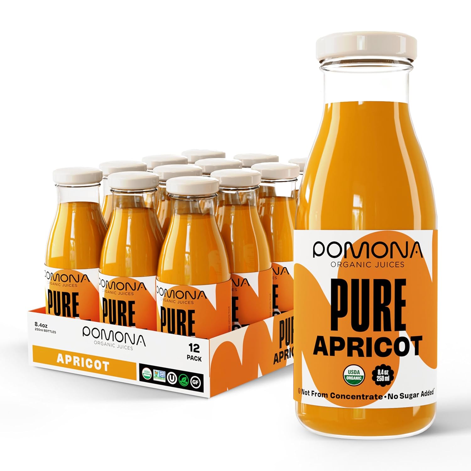 Pomona Organic Apricot Juice, Cold Pressed USDA Organic Juices, 100% Apricots, No Added Sugar, Not From Concentrate, Vegan, Kosher, Non GMO, Pasteurized, 8.4 oz Glass Bottles (Pack of 12)(Packaging May Vary)