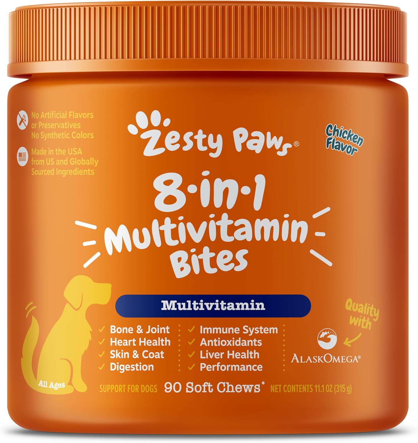 Zesty Paws Multivitamin Treats for Dogs – Glucosamine Chondroitin for Joint Support + Digestive Enzymes & Probiotics – Grain Free Dog Vitamin for Skin & Coat + Immune Health – Chicken Flavor – 90ct