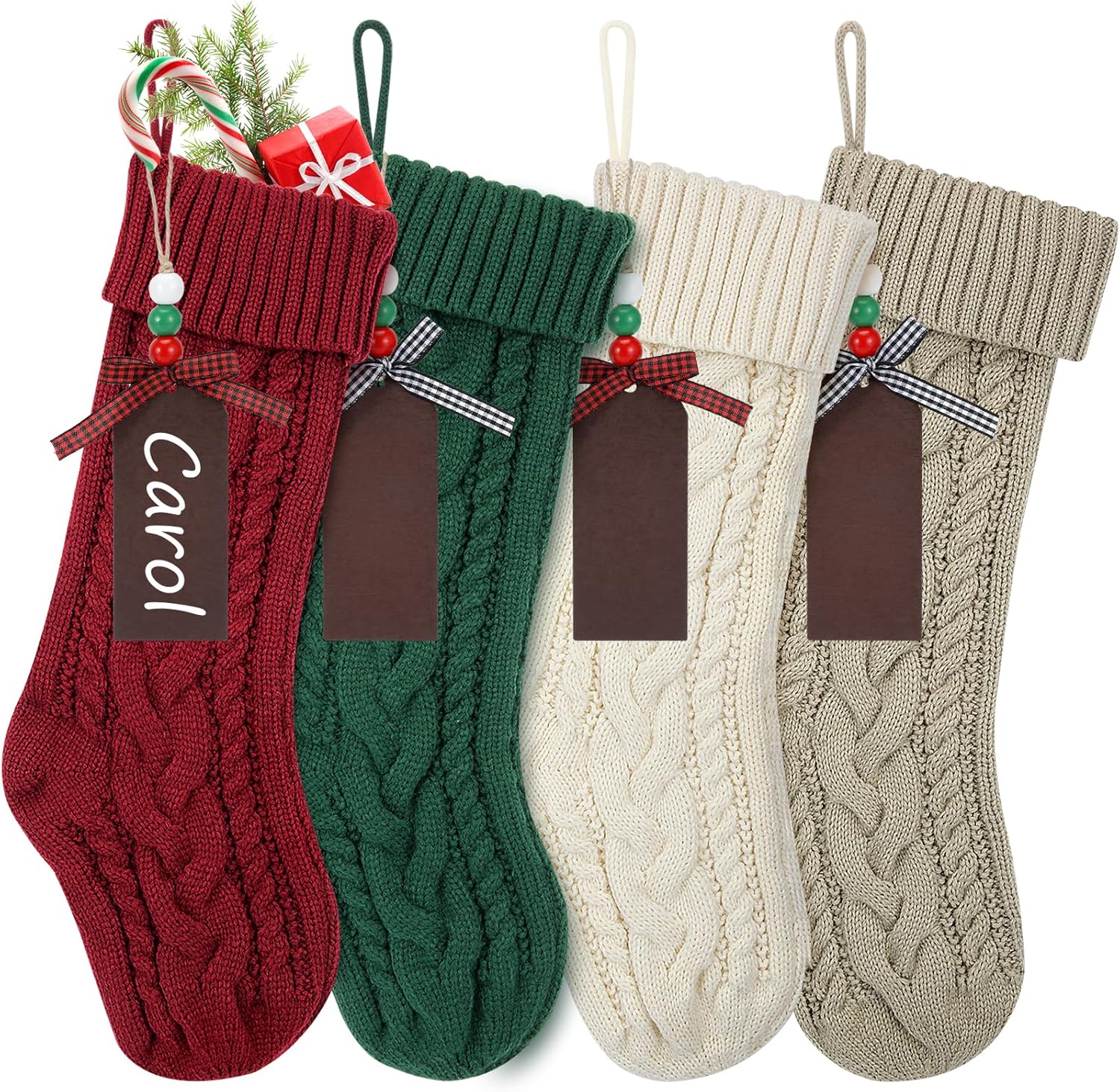 Christmas Stockings, 4 Pack 18″ Large Cable Knit Xmas Stockings Personalized with Wooden Name Tags for Christmas Decorations Family Holiday Party Decor (Burgundy, Ivory, Green, Khaki)