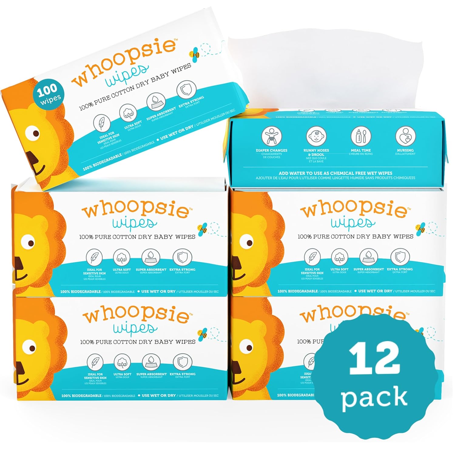 100% Pure Cotton Dry Wipes | 1200 Count | Use Wet or Dry | Soft & Sensitive | Hypoallergenic | Extra Strong & Absorbent | Perfect for Diaper Changes, Runny Noses, Drool, Meal Time & Nursing