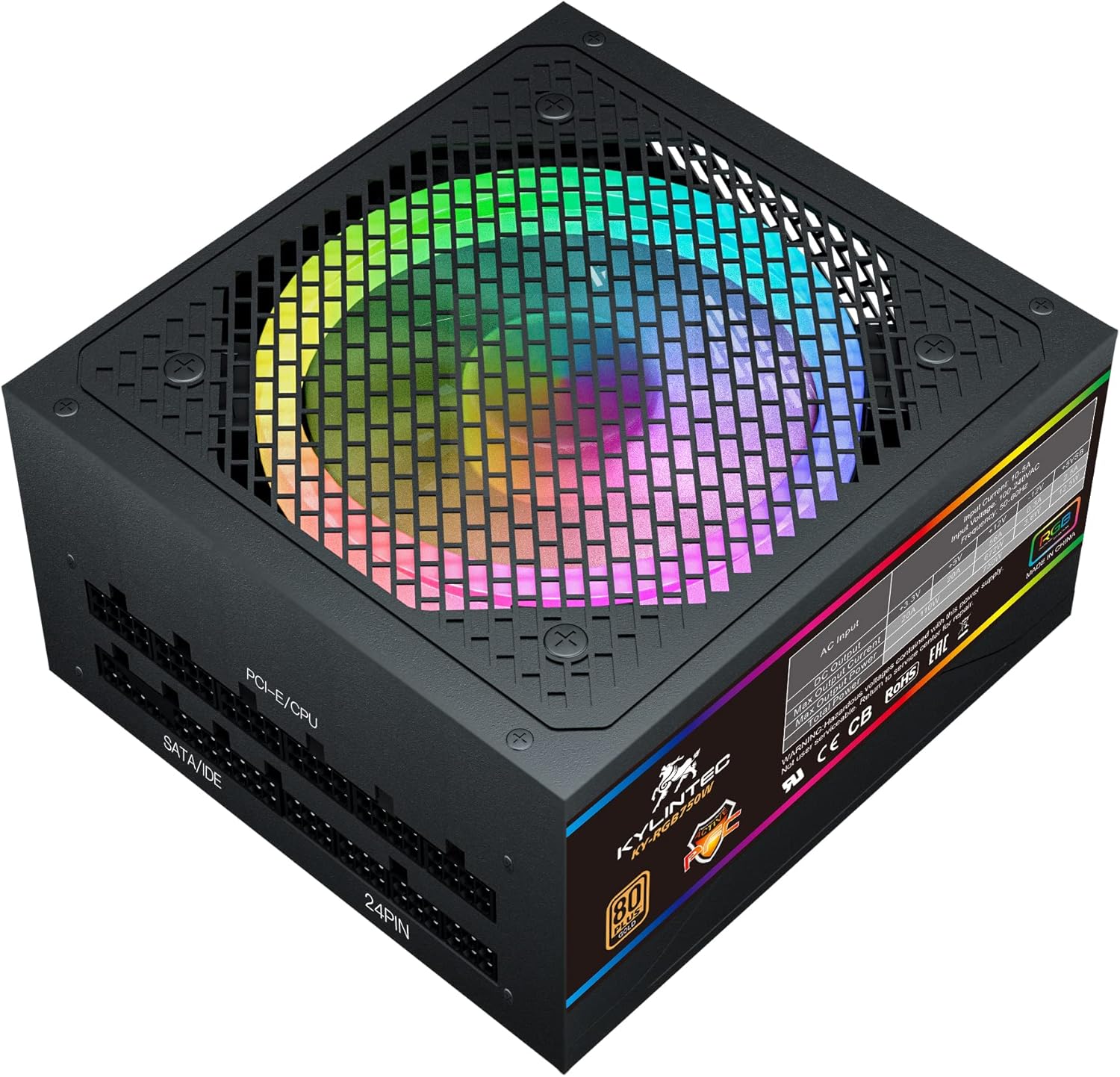 80+ Gold 750W Power ATX Power Supply, KYLINTEC Fully Modular PSU 120mm FDB Fan with 25 RGB Lighting Modes