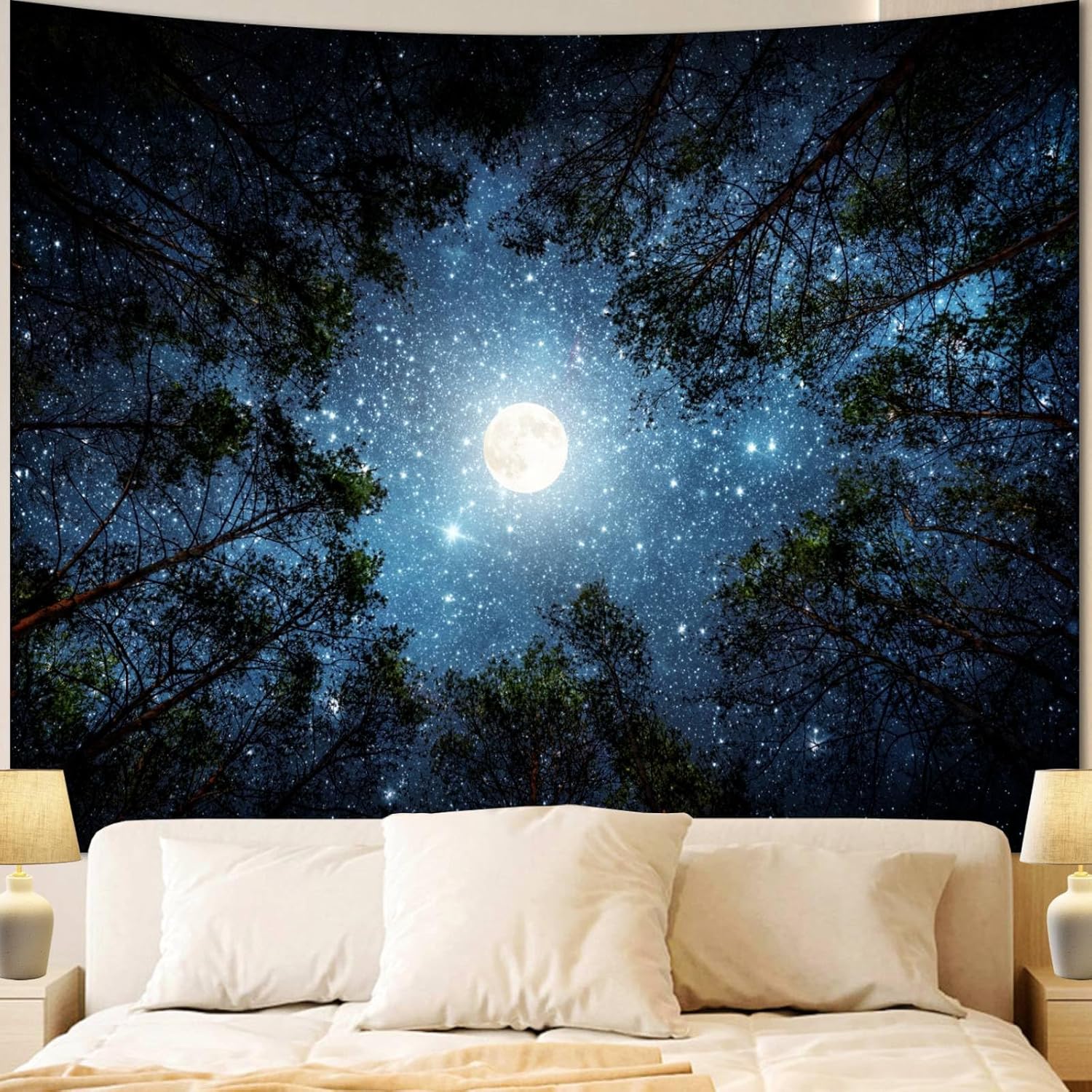 Extra Large Galaxy Forest Tapestry for Bedroom Ceiling, Big Space Night Starry Sky Blue Tapestry Aesthetic, Oversized Milky Way Moon Stars Backdrop Wall Hanging for Dorm Living Room Decor (71″X90″)