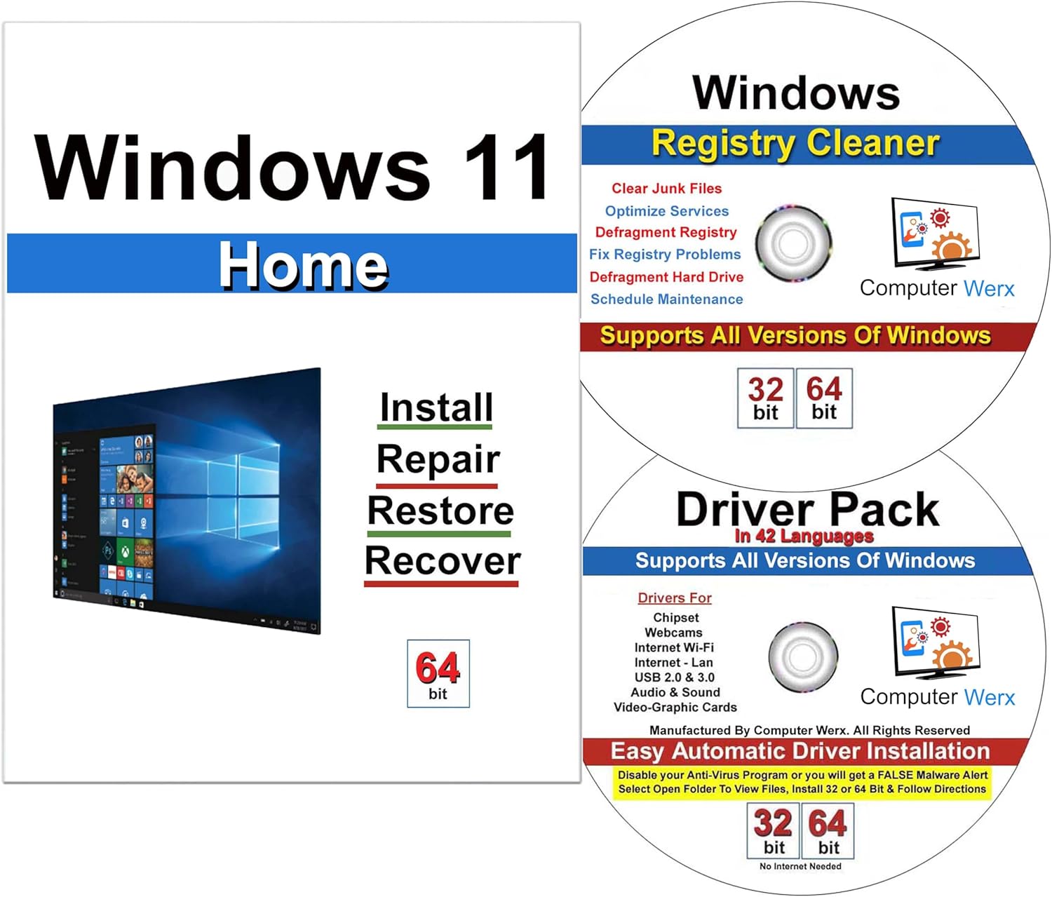 Computer Werx Compatible Windows 11 Home 64 Bit repair DVD with key, install, recover & restore DVD plus Registry Cleaner & Drivers pack DVD