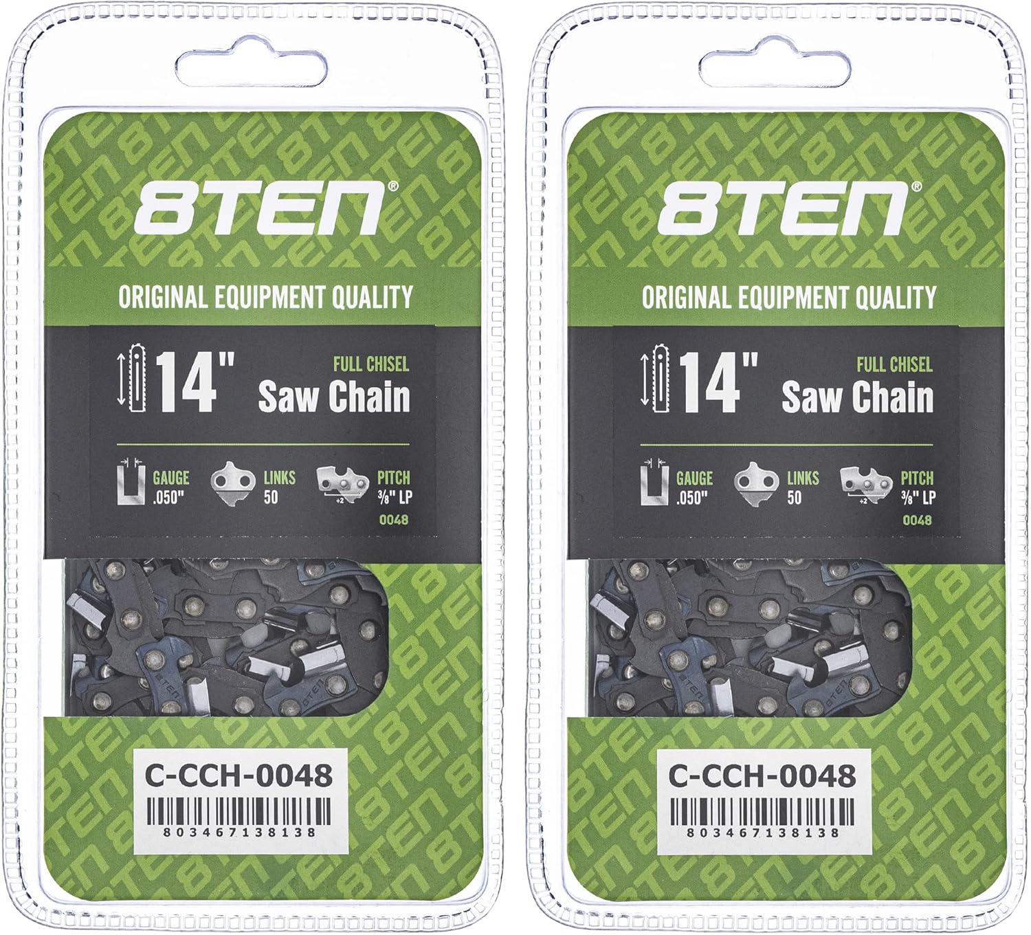 8TEN Full Chisel Chainsaw Chain 14 Inch .050 3/8 LP 50 DL For Stihl MS 170 171 Craftsman 41532 McCulloch 10E 2 Pack