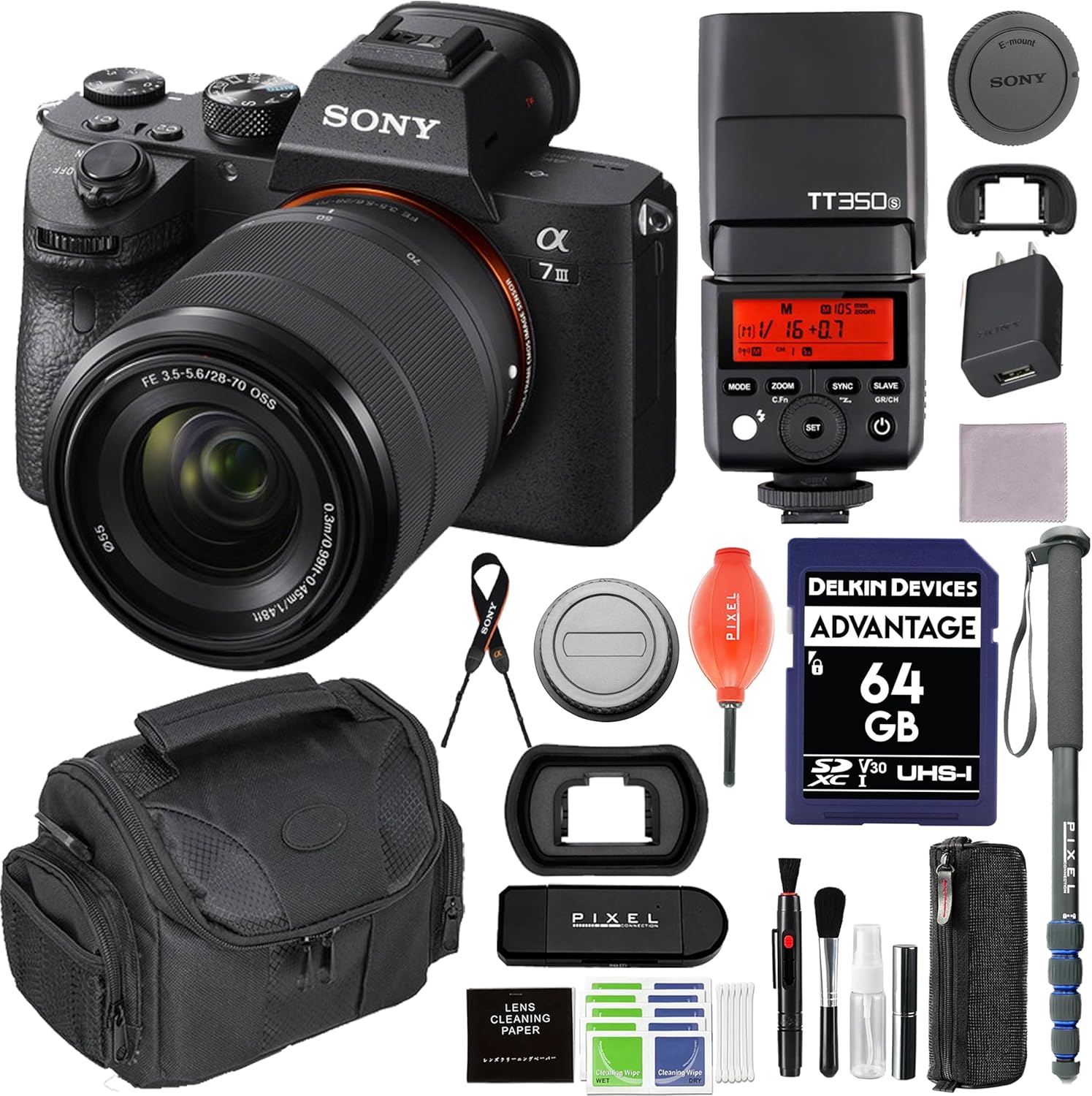 Sony a7 III Full-Frame Mirrorless Camera Bundle with 28-70mm Lens, 64GB SD Card, GODOX Camera Flash, Gadget Bag, Monopod + More | Sony Alpha 7 III